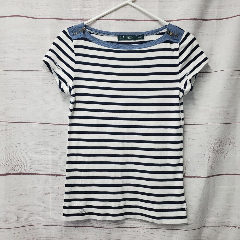 Lauren Ralph Lauren White Navy Striped Top Medium Zip Shoulders Nautical Coastal